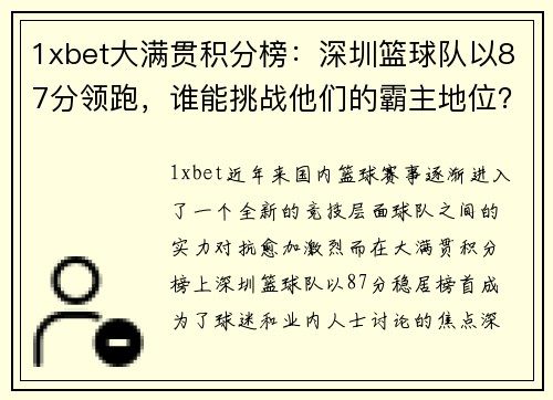 1xbet大满贯积分榜：深圳篮球队以87分领跑，谁能挑战他们的霸主地位？